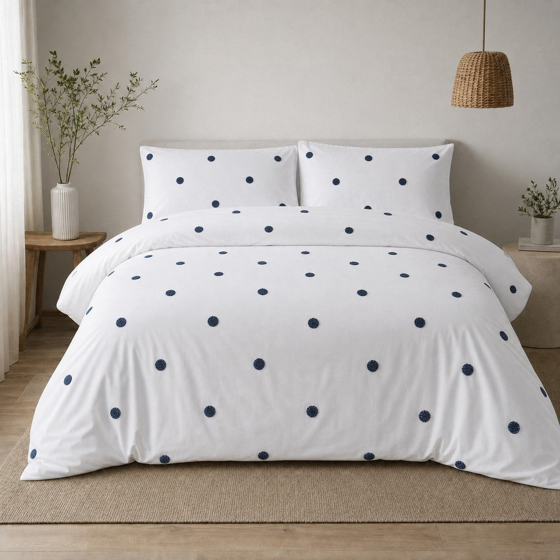 Dot Garden White + Navy 100% Cotton Duvet Cover Bedding Set