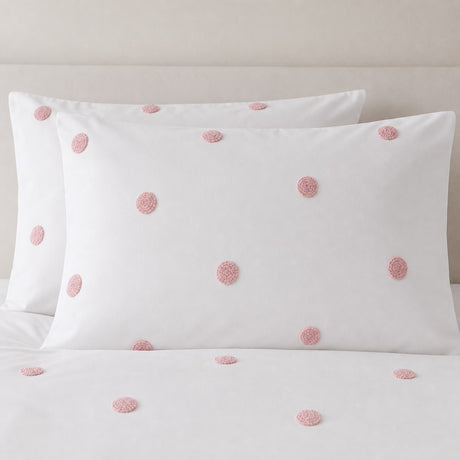 Close-up of Dot Garden Cotton Duvet Cover Set in white + pink pillowcases showing the print and fabric detail