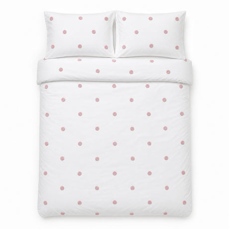Overhead flat lay of the Dot Garden Cotton Duvet Cover Set in white + pink with two matching pillowcases