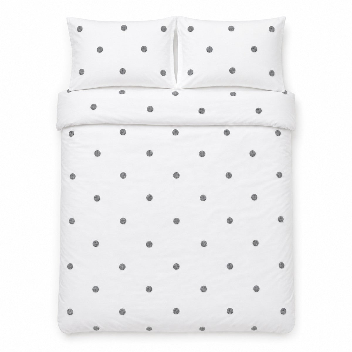 Overhead flat lay of the Dot Garden Cotton Duvet Cover Set in white + slate with two matching pillowcases