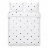 Overhead flat lay of the Dot Garden Cotton Duvet Cover Set in white + slate with two matching pillowcases