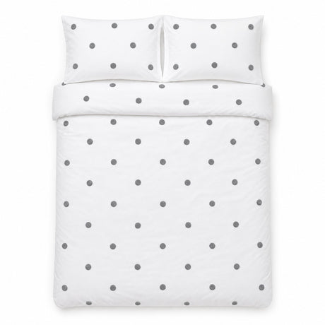 Overhead flat lay of the Dot Garden Cotton Duvet Cover Set in white + slate with two matching pillowcases