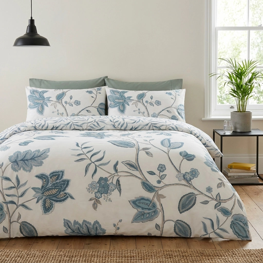 Samira Floral Teal Polycotton Duvet Cover Set 1