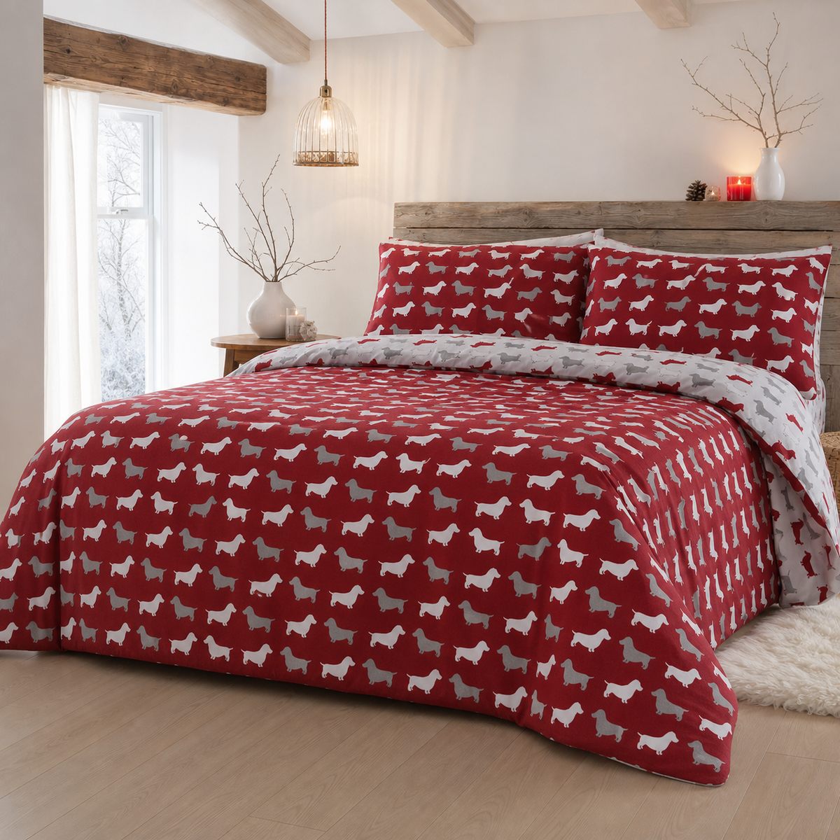 Dudley Love Brushed Cotton Flannelette Duvet Cover Set in red styled on a coordinated bedroom bed