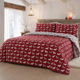 Dudley Love Brushed Cotton Flannelette Duvet Cover Set in red styled on a coordinated bedroom bed