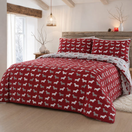 Dudley Love Brushed Cotton Flannelette Duvet Cover Set in red styled on a coordinated bedroom bed