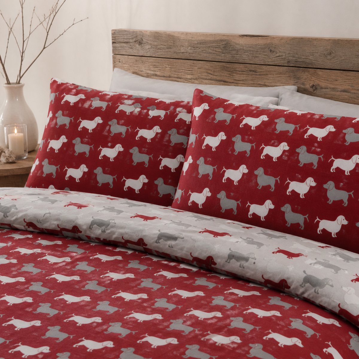 Close-up of Dudley Love Brushed Cotton Flannelette Duvet Cover Set in red pillowcases showing the print and fabric detail
