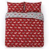 Overhead flat lay of the Dudley Love Brushed Cotton Flannelette Duvet Cover Set in red with two matching pillowcases