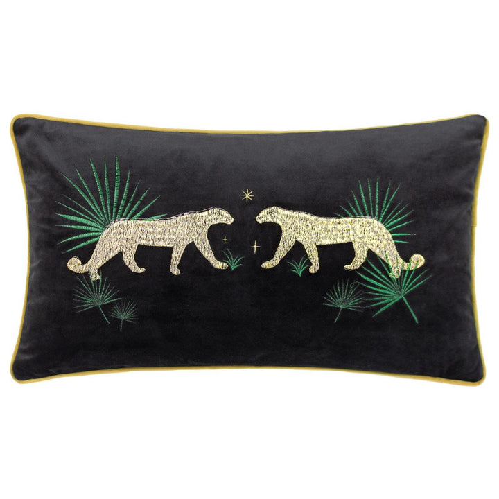 Dusk Leopard Embroidered Velvet Black Cushion Cover 12" x 20" - Ideal