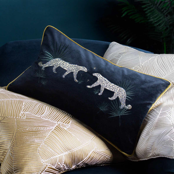 Dusk Leopard Embroidered Velvet Cushion Black - Ideal