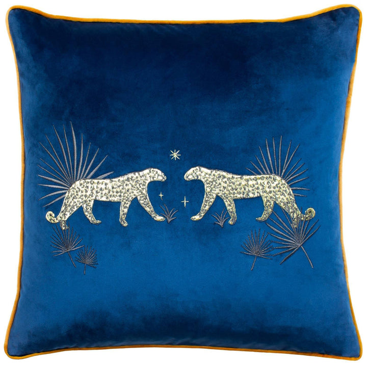 Dusk Leopard Embroidered Velvet Navy Cushion Cover 20" x 20" - Ideal