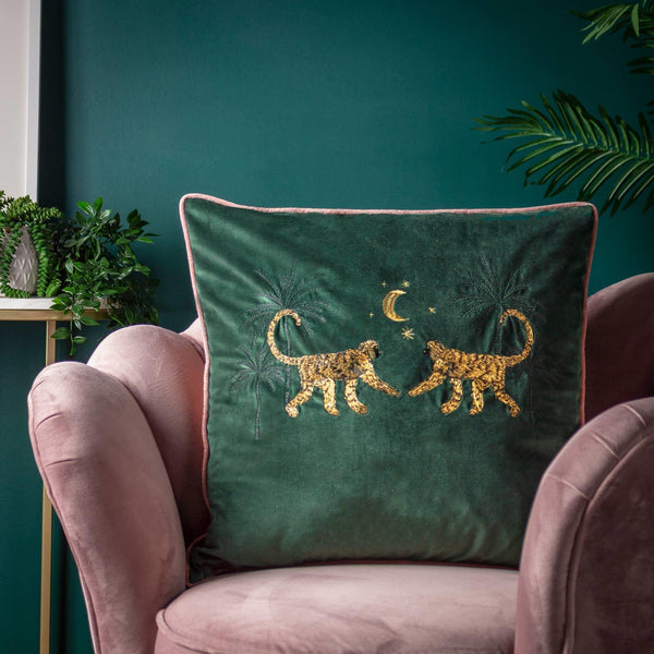 Dusk Monkey Embroidered Velvet Cushion Emerald - Ideal