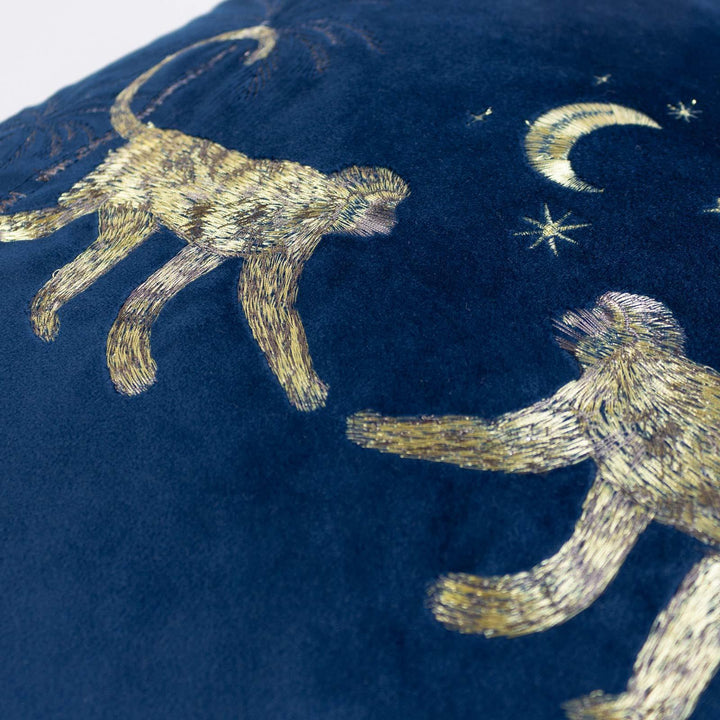 Dusk Monkey Embroidered Velvet Cushion Navy - Ideal