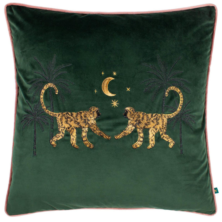 Dusk Monkey Emerald Embroidered Velvet Cushion Cover 20" x 20" - Ideal