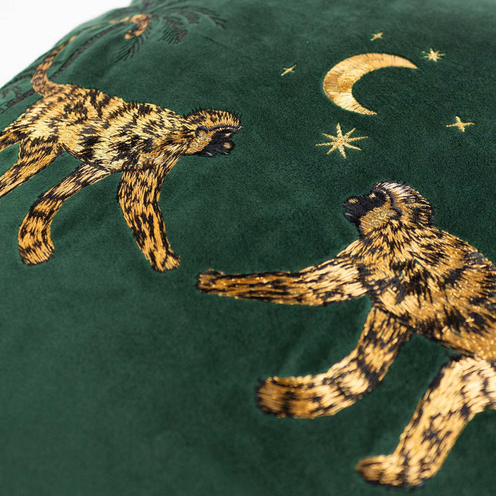 Dusk Monkey Emerald Embroidered Velvet Cushion Cover 20" x 20" - Ideal