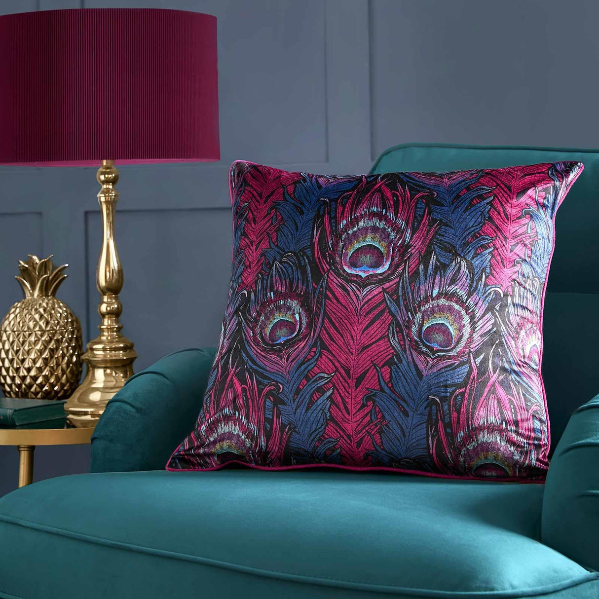 Laurence Llewelyn-Bowen Dandy Peacock Teal 55cm x 55cm Cushion Cover - Plum