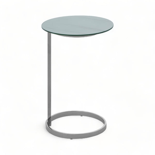White Marble Glass Top Silver End Table