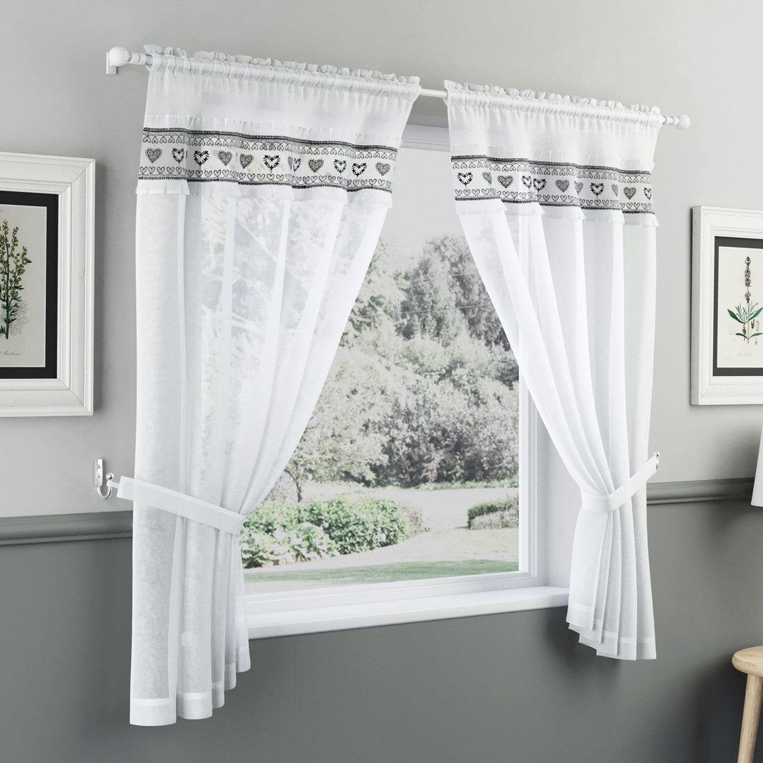 Lucy Embroidered Window Curtain Set Kitchen Set Voile Black