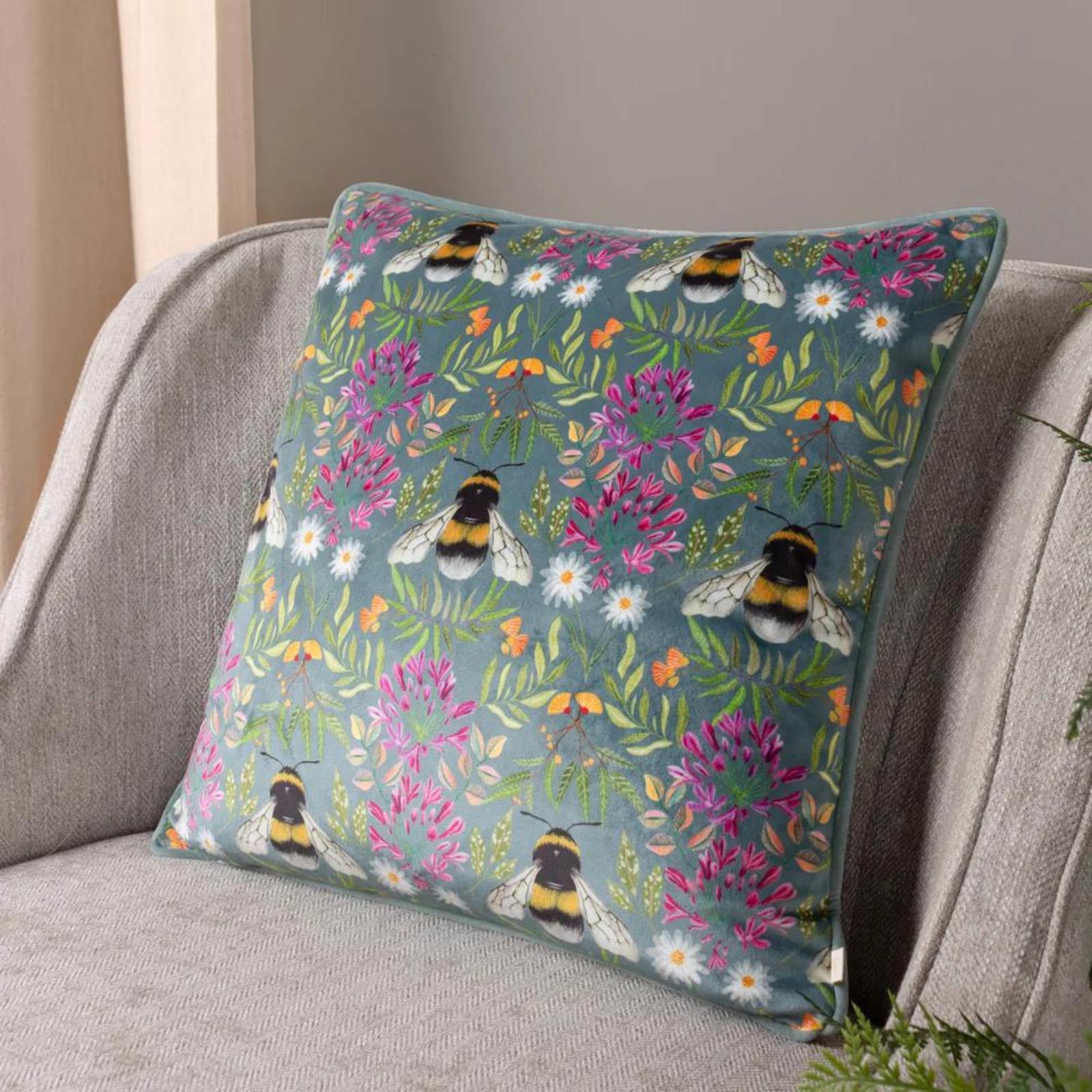 Luxury Velvet Floral Bumble Bee Cushion Cover UK – Ideal Textiles