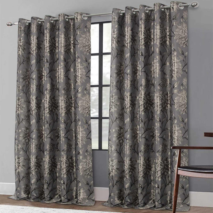 Elanie Metallic Florals Eyelet Curtains Pewter - Ideal