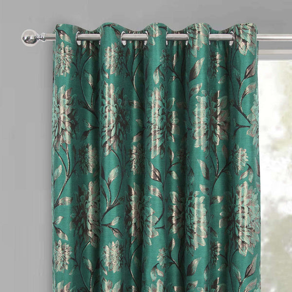 Elanie Metallic Florals Eyelet Curtains Teal - Ideal