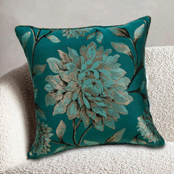 Elanie Metallic Florals Teal Cushion Cover 17" x 17" - Ideal