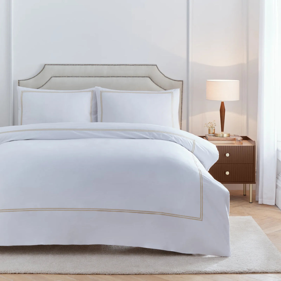 Elara Embroidered 100% Cotton Duvet Cover Set Champagne