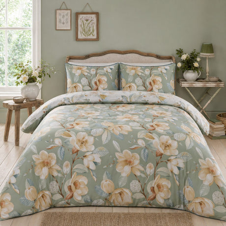 Eleanor green floral cotton sateen duvet cover set styled on a fresh bedroom bed