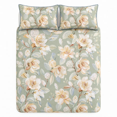 Overhead flat lay of the Eleanor green floral duvet cover set with two pillows