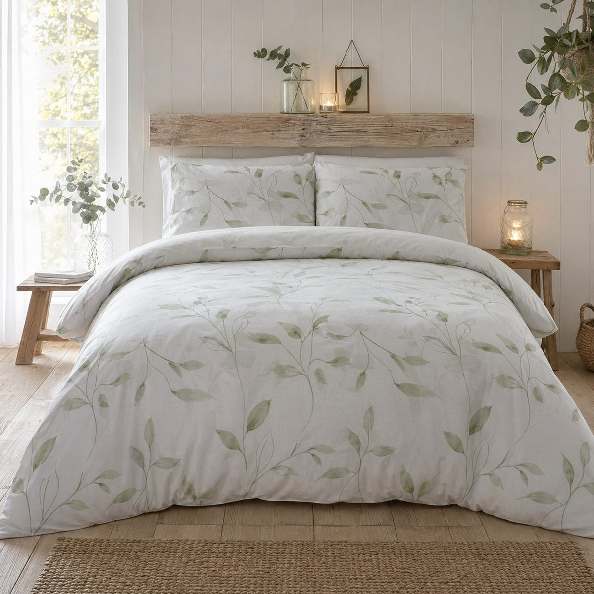 Eliza Eco Friendly Polycotton Duvet Cover Set styled on a bed in a coordinated bedroom lifestyle scene