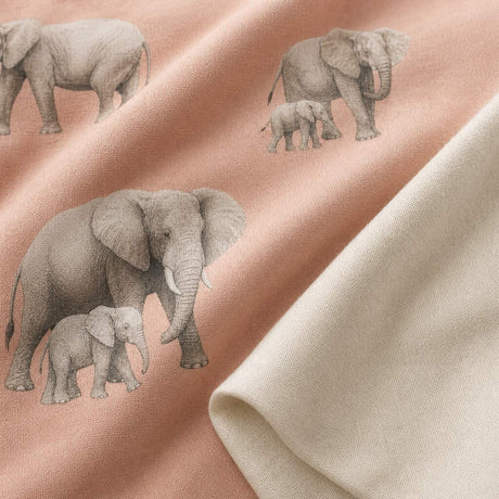 Macro close-up of the Ella the Elephant polycotton duvet fabric with natural reverse detail