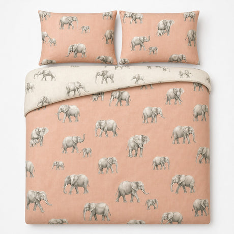 Overhead flat lay of the Ella the Elephant reversible duvet cover set with two pillows