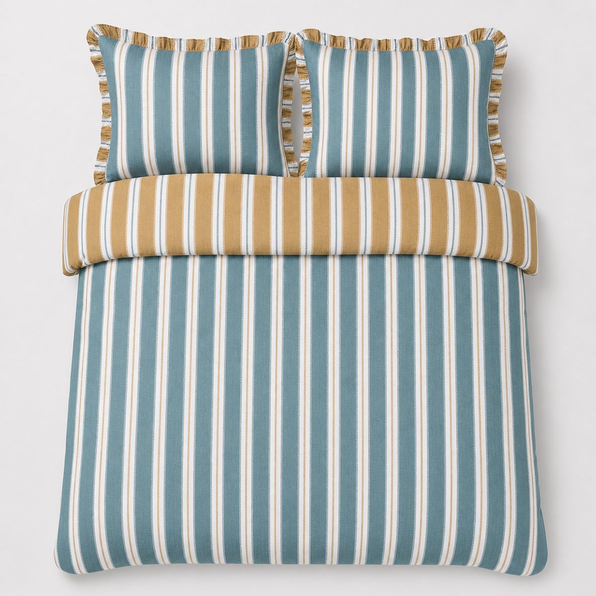 Overhead flat lay of the Eloise Stripe Cotton Duvet Cover Set in teal with two matching pillowcases