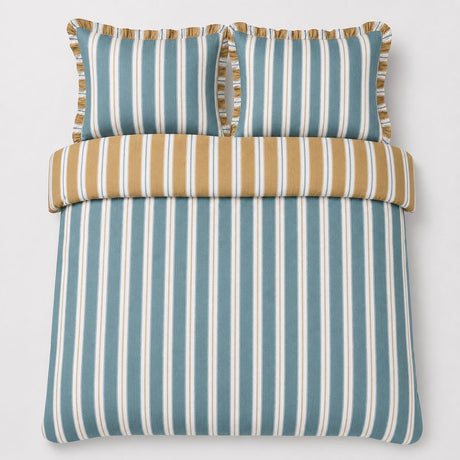 Overhead flat lay of the Eloise Stripe Cotton Duvet Cover Set in teal with two matching pillowcases