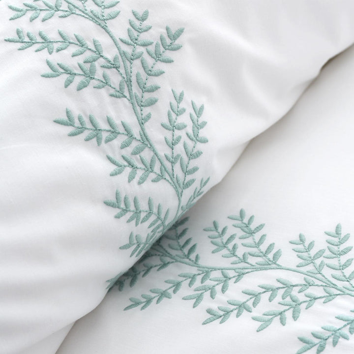Embroidery Leaf Cotton White & Green Duvet Cover Set - Ideal