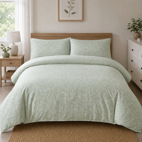Emile Microfibre Duvet Cover Set in green styled on a coordinated bedroom bed