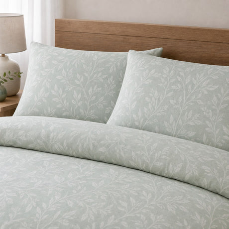Close-up of Emile Microfibre Duvet Cover Set in green pillowcases showing the print and fabric detail