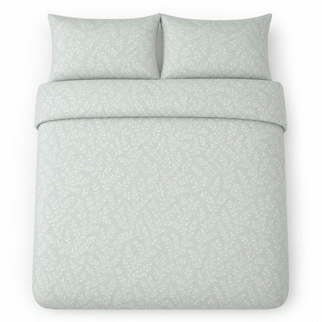 Overhead flat lay of the Emile Microfibre Duvet Cover Set in green with two matching pillowcases
