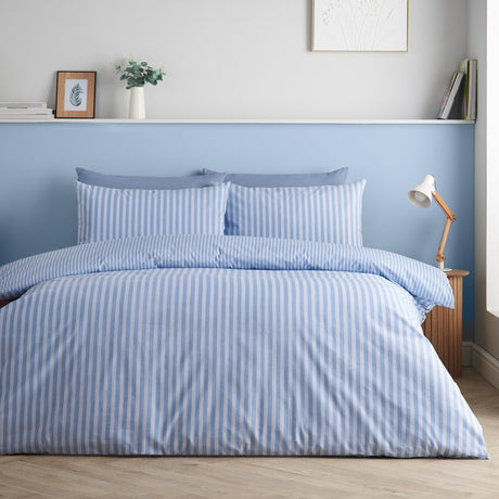 Catherine Lansfield Epping Textured Stripe Reversible Blue Duvet Cover Set - Blue