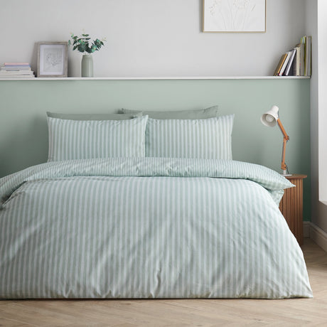 Catherine Lansfield Epping Textured Stripe Reversible Duvet Cover Set with Pillowcase Green