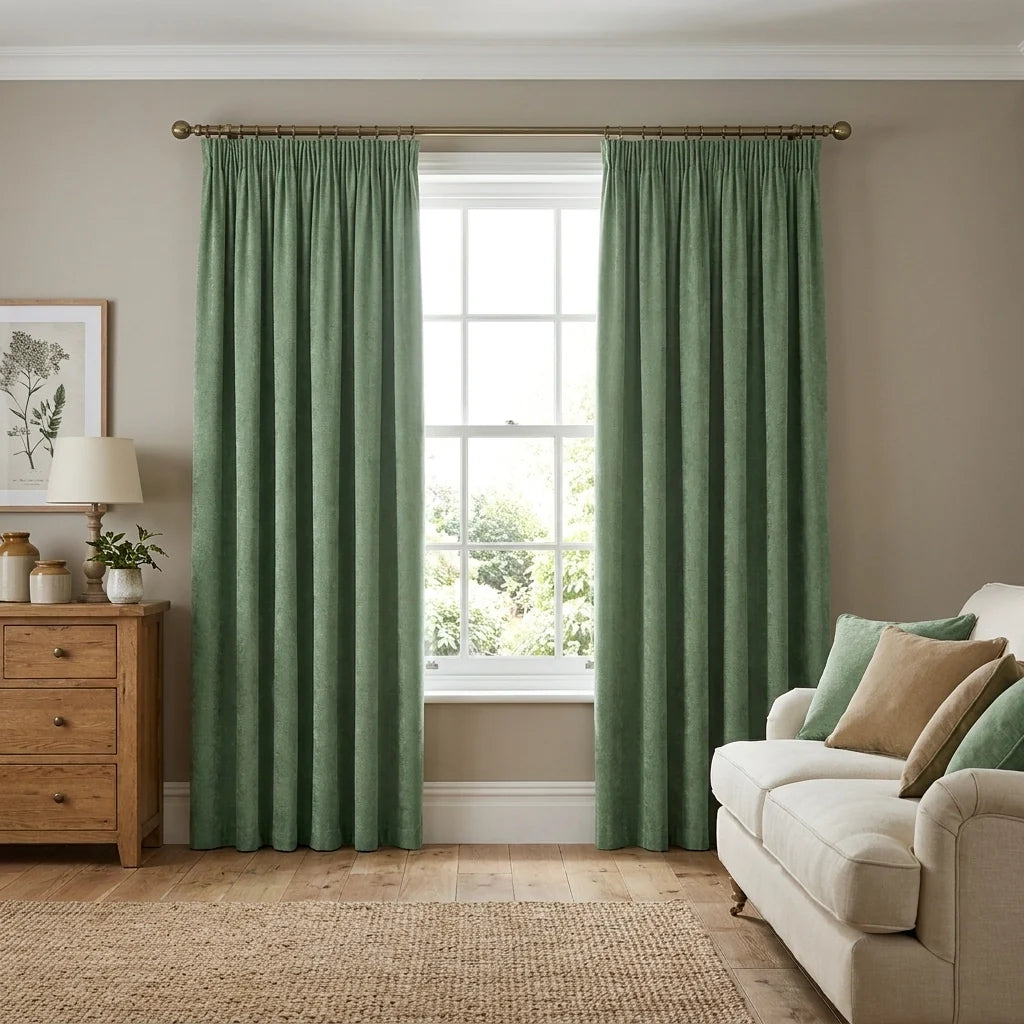Heavy Lined Eucalyptus Velvet Chenille Pencil Pleat Curtains