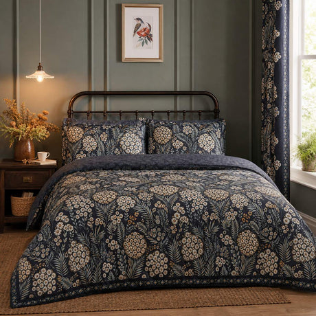 Evelina Floral Cotton Duvet Cover Set styled on a bed in a coordinated bedroom lifestyle scene