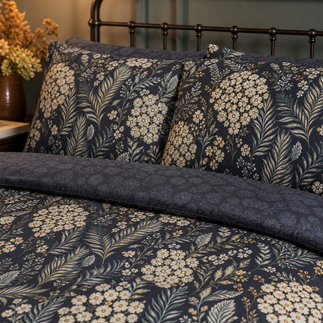 Close-up of matching Evelina Floral Cotton Duvet Cover Set pillowcases showing the pattern and fabric detail
