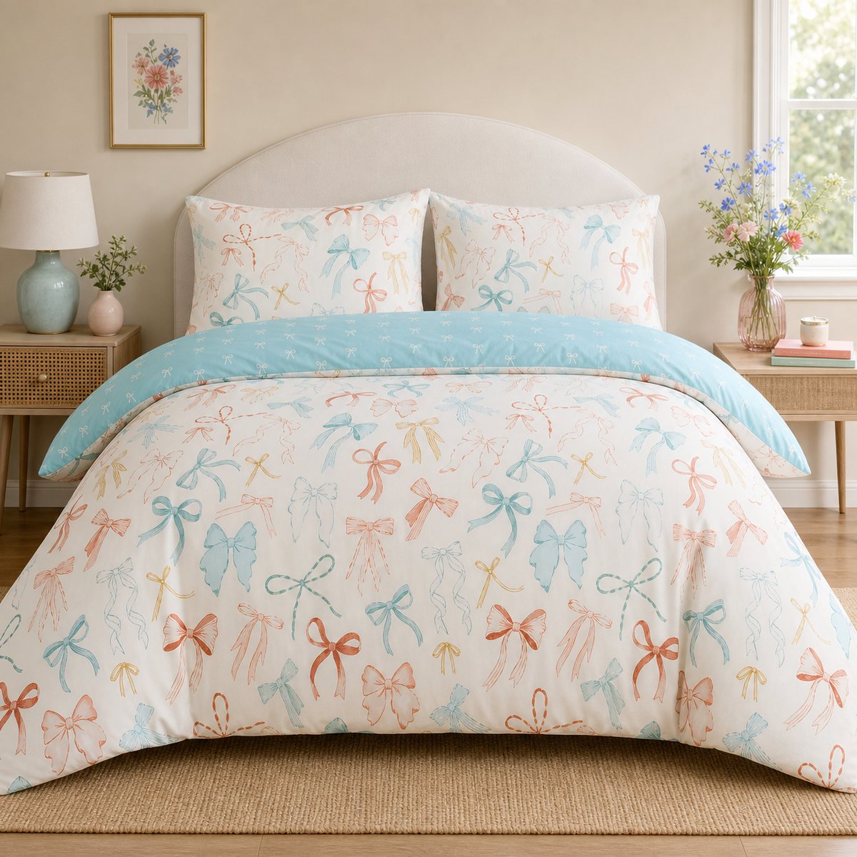 Evelyn Polycotton Duvet Cover Set in multi styled on a coordinated bedroom bed