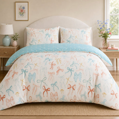 Evelyn Polycotton Duvet Cover Set in multi styled on a coordinated bedroom bed