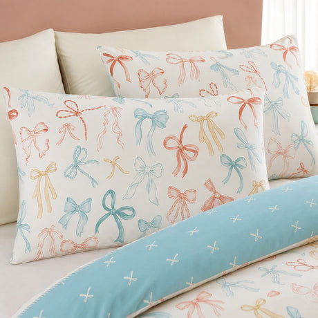 Close-up of Evelyn Polycotton Duvet Cover Set in multi pillowcases showing the print and fabric detail