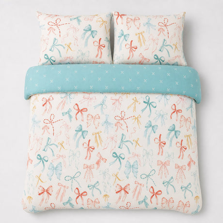 Overhead flat lay of the Evelyn Polycotton Duvet Cover Set in multi with two matching pillowcases