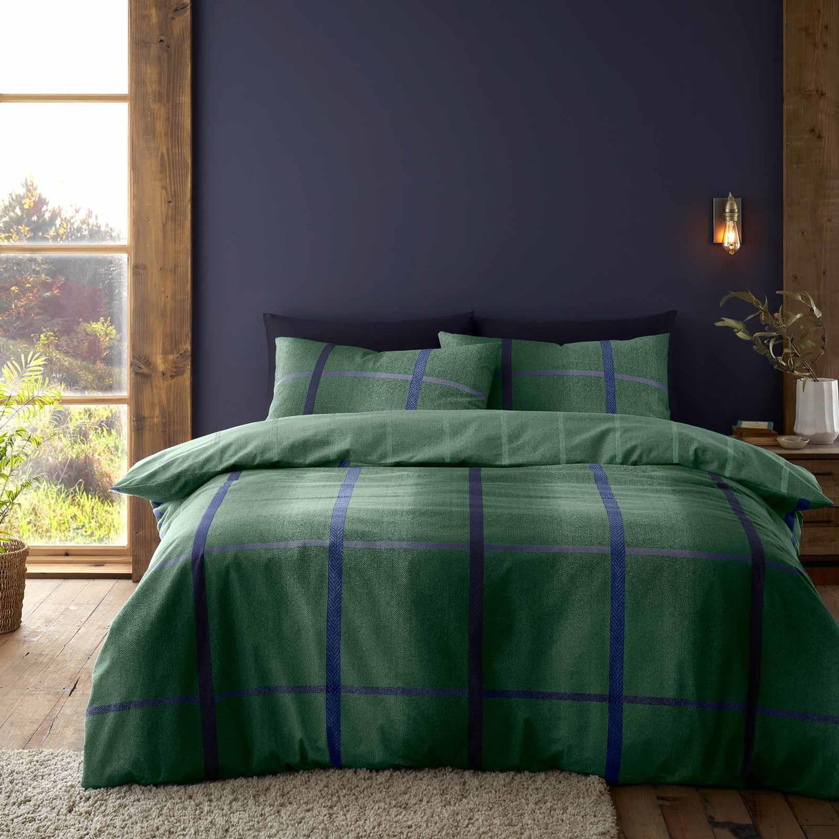 Catherine Lansfield Melrose Tweed Check Brushed Cotton Flannelette Duvet Cover - Green