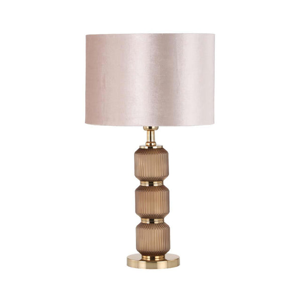 Brown Pleated Glass Table Lamp with Champagne Velvet Shade - 57cm