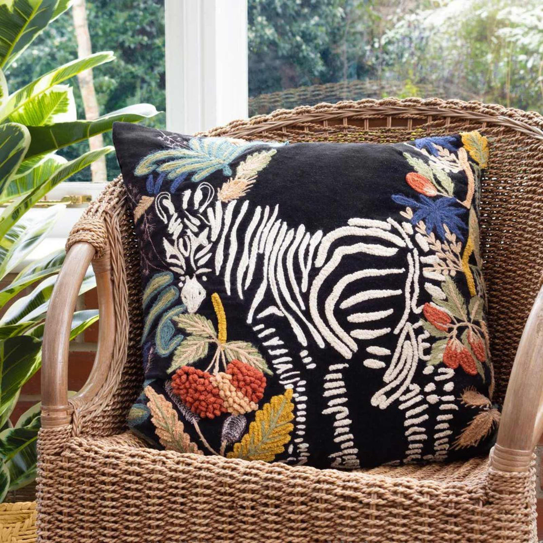 Exotic Zebra Embroidered 100% Cotton Velvet Cushion Cover 50cm x 50cm